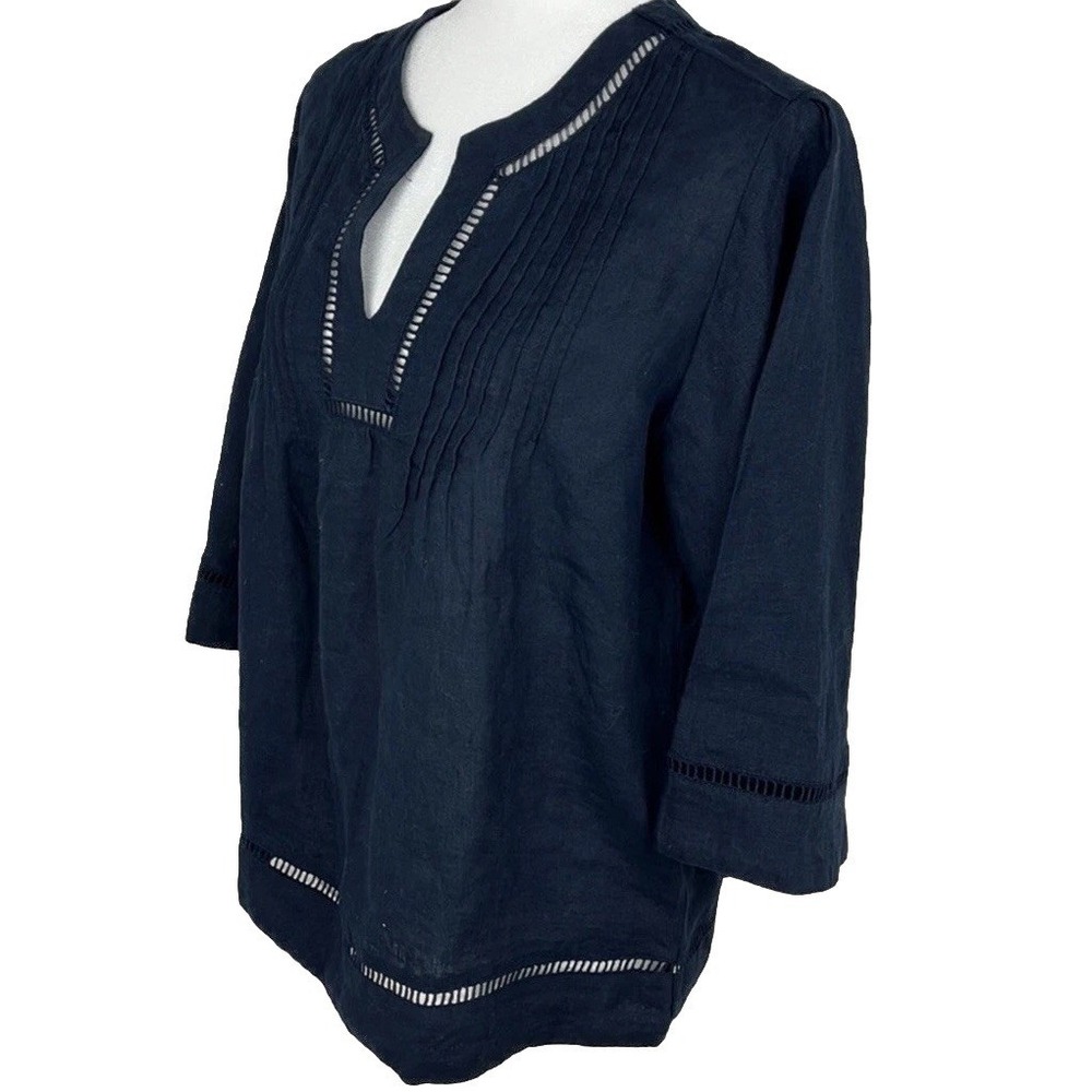 NWT LAUREN RALPH LAUREN 100% Linen Navy Blue Top Wide 3/4 Sleeves Oversized XS